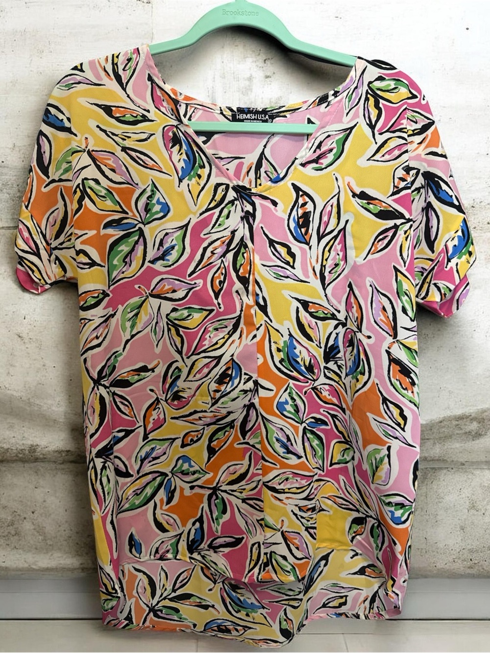 Anthropologie Multicolor Leaf Print Blouse - Pink, Orange, Yellow, Green, Blue